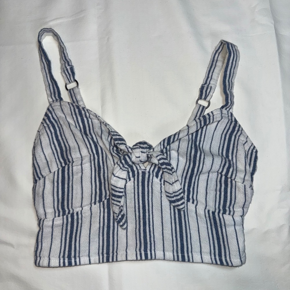 Hollister Blue White Striped Tie Front Smocked Crop Cottagecore Y2K Top Small